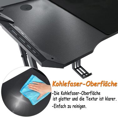 Ігровий стіл 140 x 60 см зі світлодіодним підсвічуванням Міцний ігровий стіл з підсклянником, організатором кабелів та карбоновою поверхнею, великий комп&39ютерний стіл для ПК та офісу, чорний 140 x 60 см зі світлодіодним підсвічуванням