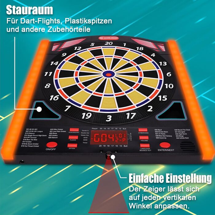 Професійний набір електронних дротиків WIN.MAX з лазерними маркерами лінії кидка/носка з німецьким голосом - підходить для батарейок/адаптерів для 1-8 гравців з 12 дротиками 2025 року - НОВИНКА - бічне освітлення
