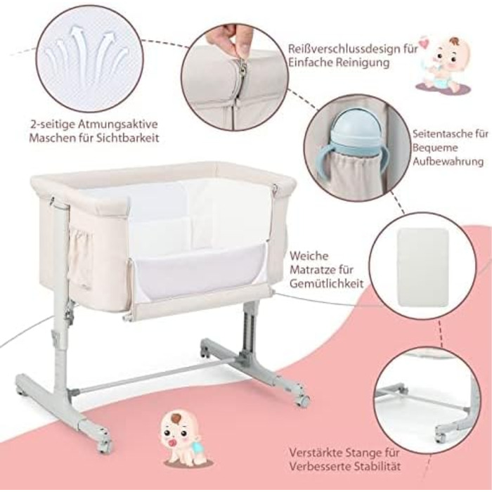 Дитяче ліжечко FANTASK 3-в-1, колиска та дорожнє ліжечко, 5-рівневе регульоване по висоті дитяче ліжечко, відкидне, бежевий колір