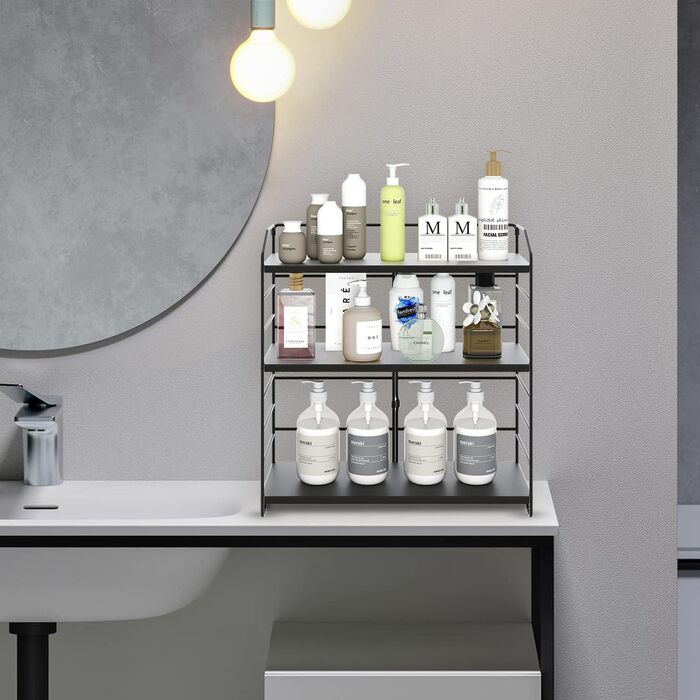 Металева підставка для спецій AIRUJIA, 3-рівнева регульована кухонна полиця, органайзер для столу, підходить для кухні, ванної кімнати та спальні, кухонна полиця для зберігання у ванній кімнаті, чорного кольору