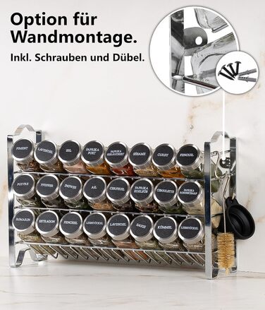 Квадратна підставка для спецій Deco haus з банками для спецій - Банки для спецій з полицею - Настінна підставка для спецій, підставка для спецій з набором з 24 банок для спецій - Металева підставка для спецій, не потребує свердління, хром - Набір з 24 пре