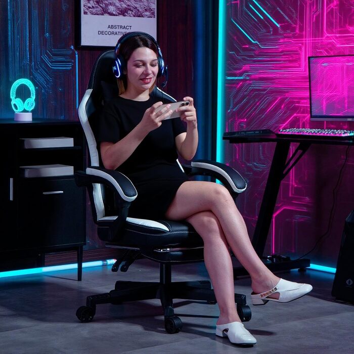 Ігрове крісло HOMCOM, ергономічне ігрове крісло з поперековою опорою, підставкою для ніг, регульоване по висоті ігрове крісло з підголівником, функція відкидання, офісне крісло з візерунком ромбоподібної прострочки, штучна шкіра, зелений колір