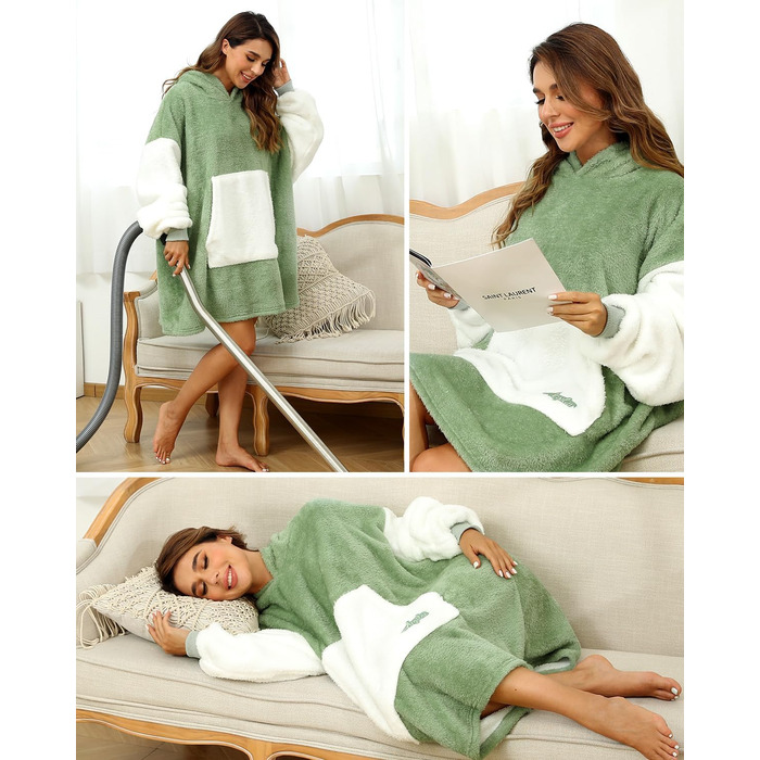 Ковдра з капюшоном Argstar Oversized, портативна ковдра, легка ковдра з капюшоном, затишна оксамитова ковдра, тепла толстовка з кишенею та еластичними рукавами для дорослих, жінок та чоловіків, шавлійно-зелена, один розмір