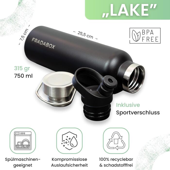 Пляшка для води преміум-класу з нержавіючої сталі Lake 750 мл, герметична та придатна для миття в посудомийній машині, двостінний вакуумний термос для активного відпочинку, екологічна, без BPA безкоштовна спортивна кришка (чорна)