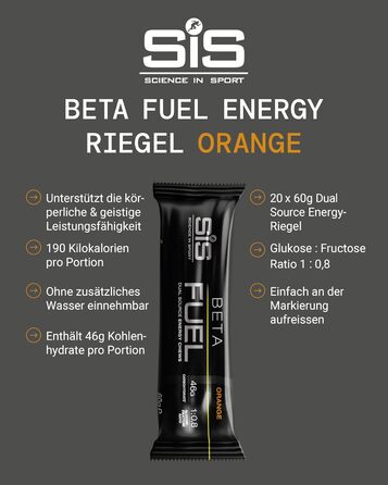 Енергетичні батончики Science in Sport BETA Fuel Bars 20 x 60 г, апельсин - веганські енергетичні батончики з 45 г вуглеводів, смачні вуглеводні батончики як ідеальні постачальники енергії для силових тренувань