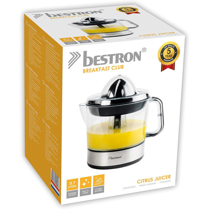Електрична соковижималка для цитрусових та апельсинів Bestron, в комплекті 2 конуси для пресування та ароматична кришка, двигун з