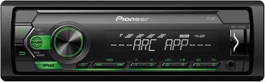 Автомобільна стереосистема Pioneer MVH-S120UI 1-DIN з RDS, зеленим підсвічуванням, половинною глибиною встановлення, USB для MP3, WMA, WAV, FLAC, AUX входом, підтримкою Android, керуванням iPhone, сумісністю з ARC