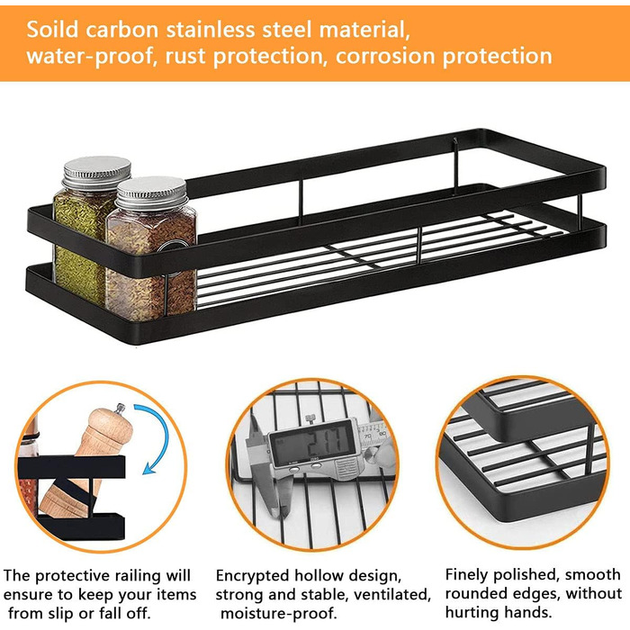 Настінна полиця для спецій, не потребує свердління, комплект з 2 шт. з кухонною штангою, підвісна кухонна полиця, полиця для спецій на дверцята шаф, полиця для душу з нержавіючої сталі для кухні, ванної кімнати, балкону, 35 x 12 x 5,7 см, чорна