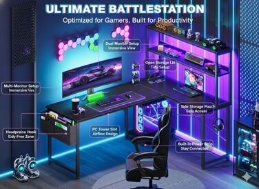 Г-подібний кутовий стіл Garvee, чорний зі світлодіодним освітленням та відсіком, ігровий стіл з підставкою для монітора та бічною кишенею, сучасний комп&39ютерний стіл для домашнього офісу, міцний стіл з полицею, 124x92 см