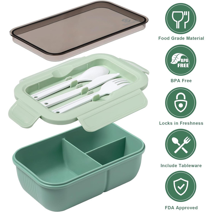 Ланчбокс Sinnsally з роздільниками, 1250 мл, набір. Контейнер для обіду для дорослих, коробка для сніданку, пенал для бутербродів з приборами. Ланч-бокс для перекусу, зелений колір.