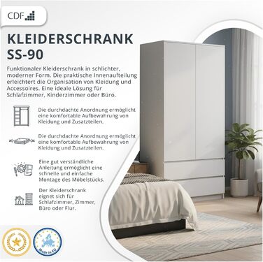 Шафа CDF Біла, ширина 90 см, дитяча кімната, спальня, 2 шухляди, 2-дверна шафа, сучасний вигляд, все для складання в комплекті, одяг, іграшки, біла, без дзеркала