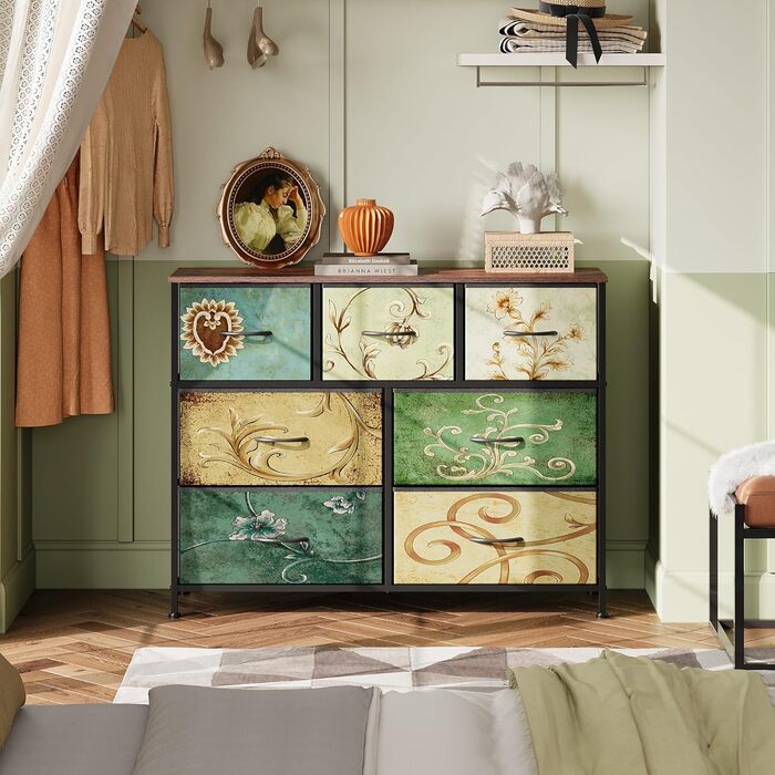 Комод WLIVE з 7 шухлядами з тканини, комод для спальні, комод для вітальні, з міцним сталевим каркасом, богемний стиль, 30Г x 100Ш x 77,5В см (7 шухляд) Богемний