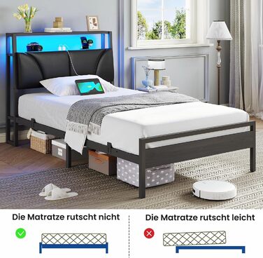 Ліжко 90x200 см з металевою рейковою основою, каркас ліжка 90x200 см зі світлодіодним підсвічуванням, дитяче ліжко 90x200 см з узголів&39ям та зарядною станцією (2 розетки змінного струму, 2 порти USB), металеве односпальне ліжко, чорне, 90x200 см