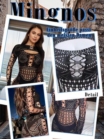 Сітчастий боді Mingnos з довгими рукавами, сексуальний прозорий комбінезон для жінок, фестивальні вбрання, клубний одяг, боді Rave, пеньюар, чорний, один розмір