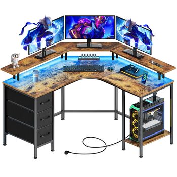 Г-подібний ігровий стіл на сім столів зі світлодіодним освітленням та розетками, кутовий стіл з 3 тканинними шухлядами та місцем для зберігання, комп&39ютерний стіл для домашнього офісу та ігор на ПК, рустикальний коричневий, 13513588 см, вінтажний коричн