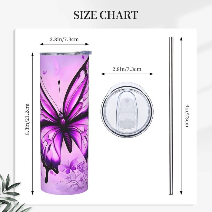 Кухоль з прямою трубочкою, 590 мл, принт фіолетового метелика, дорожній кухоль, підходить для кемпінгу, офісу та дому