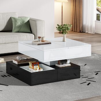 Журнальний столик Merax, що обертається на 360, сучасний журнальний столик, підйомний стіл для вітальні з 3 шухлядами та місцем для зберігання, глянцевий диванний столик, квадратний бічний столик білого та чорного кольорів, 70x70x40 см білого та чорного к