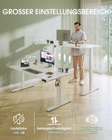 Стіл Flamaker з регульованою висотою, повна стільниця 160 x 60 см, стіл з електричним регулюванням висоти з пам&39яттю, ігровий стіл з нагадуванням про сидячий режим та зарядкою через USB (білий) Білий 160 x 60 см
