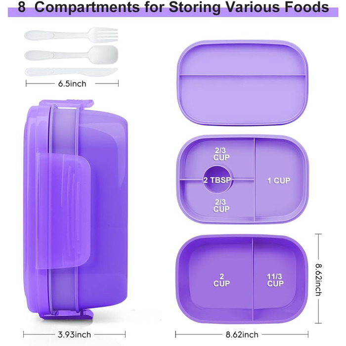 Великий обідній бокс-бенто для дорослих, 1901 мл, герметичний контейнер для ланчу з набором столових приборів для роботи, пікніка та їжі. Колір фіолетовий
