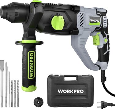 Перфоратор WORKPRO SDS-Plus 1050 Вт, відбійний молоток, свердло по бетону 3 джоулі, змінна швидкість, регульована на 360 ручка, з аксесуарами, зубило та кейс, 1150 об/хв, 5100 ударів на хвилину, по бетону 26 мм