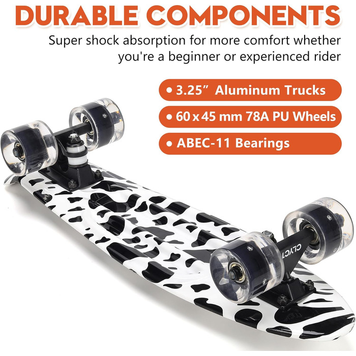 Скейтборд CLYCTIP, 22-дюймовий повноцінний міні-крейсерський скейтборд з різнокольоровими миготливими колесами та підшипниками ABEC-11 для дітей, хлопчиків, дівчаток, початківців, білий-BD