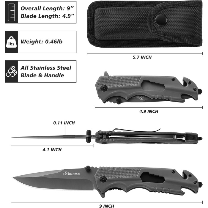 Багатофункціональний складаний ніж IKORES, 22 см одноручний ніж з нейлоновими піхвами та кишеньковою кліпсою, відкривачкою для пля