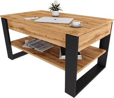 Журнальний столик з підйомною стільницею Стіл для вітальні з регульованою висотою та місцем для зберігання Сучасний чорний дубовий диванний столик Wotan з полицею та прихованим відділенням Журнальний столик для вітальні та офісу, чорний