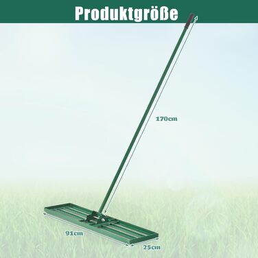 Грабля-рівнялка для газону з ергономічною ручкою 170 см, металеві граблі преміум-класу для догляду за газоном (91 см x 25 см), зелені