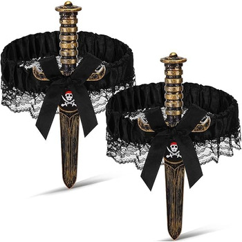 Набір з 2-х стрічок для панчох WEITAPYT Halloween, з бантом та піратським кинджалом, чорна мереживна, еластична