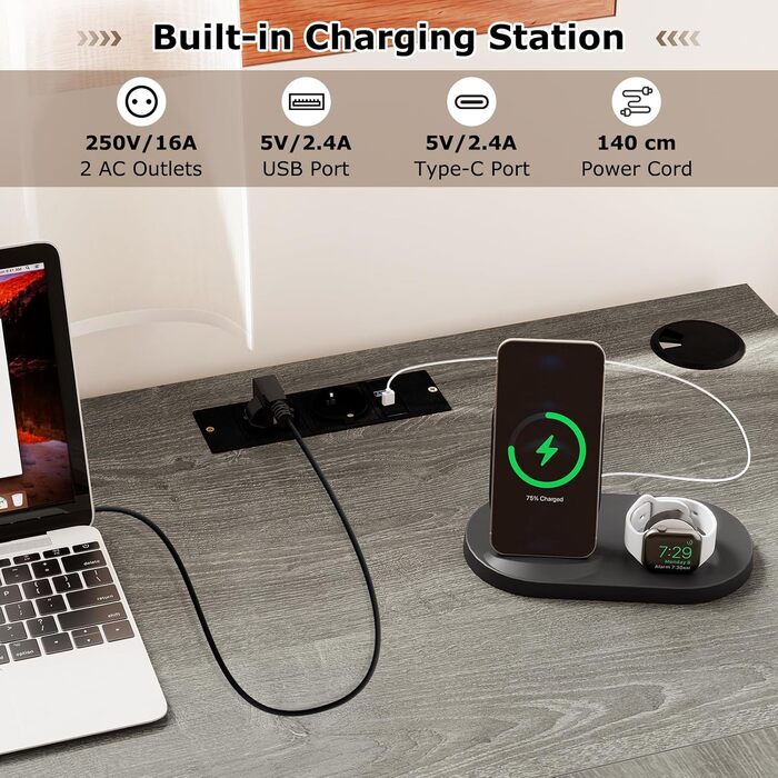 Комп&39ютерний стіл GIANTEX L-подібної форми з вбудованою зарядною станцією, кутовий стіл з підставкою для клавіатури та висувними шухлядами, офісний стіл для 2 осіб з шафою для зберігання та регульованою полицею (сірий)