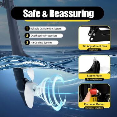 Тактний підвісний мотор 4 к.с. - бензиновий підвісний мотор об&39ємом 55 куб.см, потужністю 2,9 кВт, з системою CDI, системою повітряного охолодження та паливним баком об&39ємом 1,4 л для каяків, каное та шлюпок (4-тактний, 4 к.с.), 4-