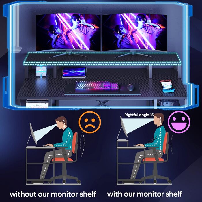 Великий стіл Bestier, комп'ютерний стіл, стіл для ПК, офісний стіл, ігровий стіл з 4 полицями та полицею для монітора, ігровий сті