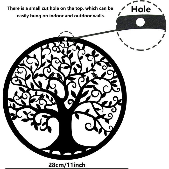 Металеве дерево життя прикраса стіни силует мистецтво для подарунка критий відкритий сад будинок прикраса (чорний, 28x28см)