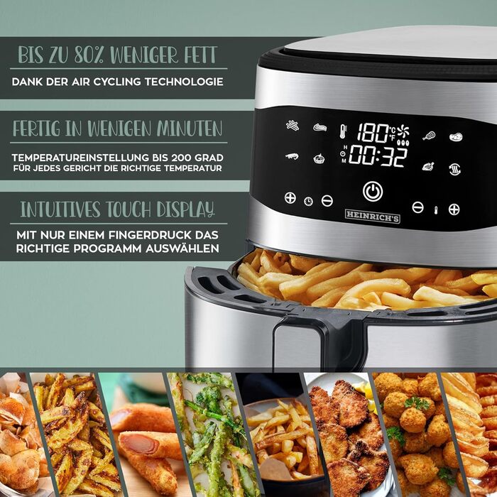 Фритюрниця HEINRICHS з нержавіючої сталі з цифровим світлодіодним дисплеєм РК-дисплей сенсорний, 8 програм 1800 Вт для фритюрниці без олії Фритюрниця Функція таймера фритюрниці, Heinrich (8 л XXL)