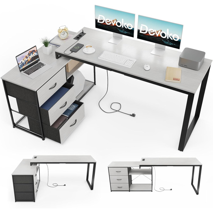 Стіл Devoko L-подібної форми з розетками та USB-портами, ігровий стіл 140 см з полицями, кутовий комп'ютерний стіл, домашній офіс,