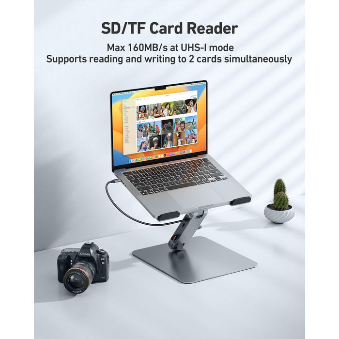 Підставка для ноутбука з 7-в-1 USB-C док-станцією HDMI (4K60Hz), 1SD та 1Micro SD кардридер, живлення 100W, 10Gbps (1USB-C & 2USB-A 3.2) для MacBook Pro/Air, iPad Pro, XPS та ThinkPad