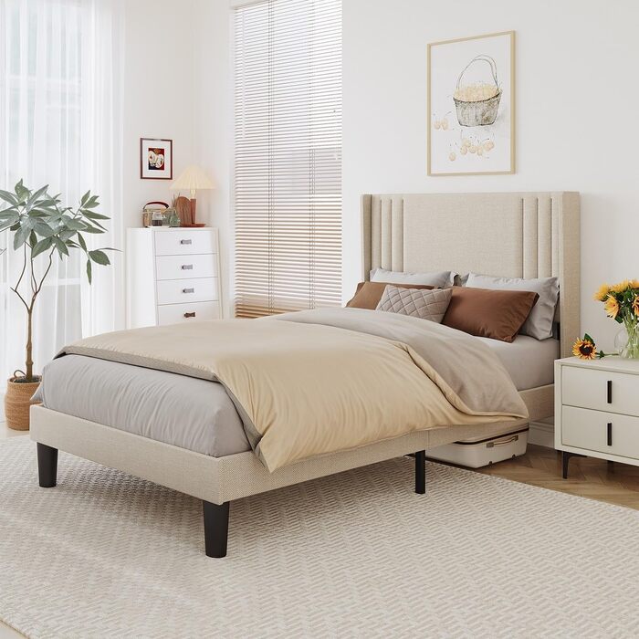 Ліжко Bealife з м&39якою оббивкою 120 x 200 см з рейковою основою міцний каркас ліжка з дерева та металу, м&39яке двоспальне ліжко з узголів&39ям для спальні та дитячої кімнати (бежевий, 120 * 200 см)