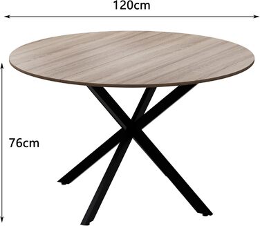 Круглий обідній стіл MSFE, круглий кухонний стіл 120 см, дерев&39яний кухонний стіл, ретро-індустріальний обідній стіл з чорними металевими ніжками та оздобленням з натурального горіха, лише 1 круглий стіл