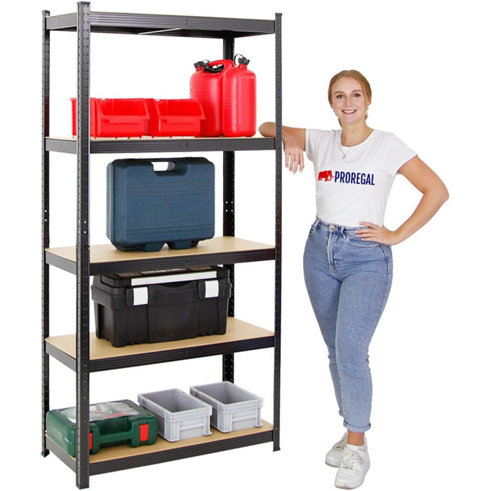 Міцний стелаж Ragnar 180x90x40 см з вантажопідйомністю 175 кг Чорний Гаражні стелажі Підвальні стелажі Майстерні Стелажі для зберігання Безболтовий стелаж 4-елементний - 180x90x40 см Чорний МДФ панелі, 4 шт.
