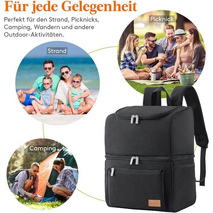 Ізольована сумка-холодильник Lifewit 21L 30 Can, термосумка для обіду, рюкзак-холодильник, герметична двоповерхова сумка-холодильник для чоловіків, жінок, мам для обіду, пікніка, покупок, подорожей, чорна