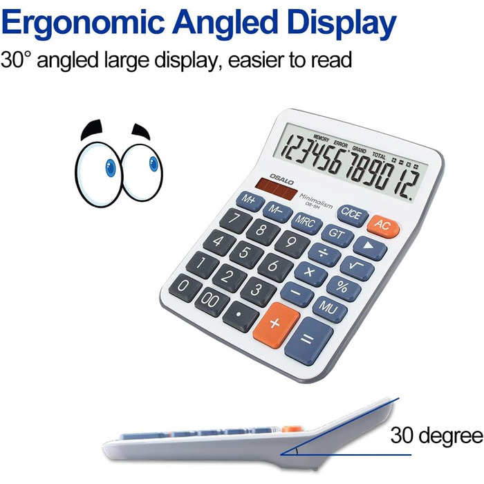 Кишеньковий калькулятор OSALO з великими кнопками, великим дисплеєм, сонячним екраном, 12-розрядним настільним калькулятором, офісним калькулятором для людей похилого віку (OS-5M), синього кольору, 5M