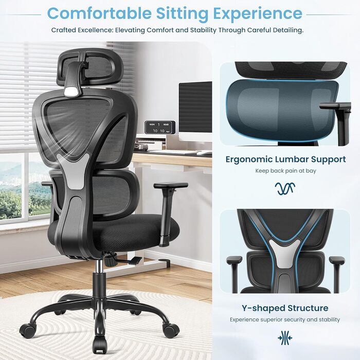 Офісний стілець KERDOM Ергономічне письмове крісло з регульованим підголівником, підлокітниками, поперековою опорою, проти болю в спині, вантажопідйомність 150 кг/330 фунтів (чорний) 9070 Чорний