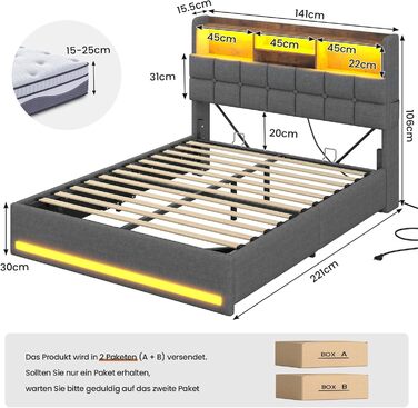 М&39яке ліжко 140200 см Гідравлічне ліжко з відсіком для зберігання речей та світлодіодним освітленням Дитяче ліжко з портами USB та Type-C Двоспальне ліжко Каркас ліжка з дерев&39яними ламелями, лляна тканина, без матраца (Темно-сірий, 140x200 см) 140x20