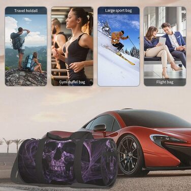 Дорожня сумка Тропічний пляж пальми, захід сонця, кругла форма, велика місткість, легка та міцна, ідеальний подарунок для подорожей, відпустки, ділових поїздок та іншого. Дизайн фіолетовий череп, універсальний розмір.