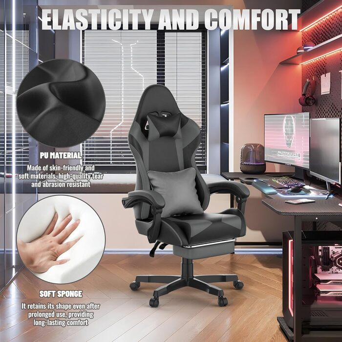 Ергономічне ігрове крісло Soontrans, ігрове крісло з пружинною подушкою, висувна підставка для ніг, підголівник, регульована висота, штучна шкіра, регульована спинка 90-135 (чорний/сірий)