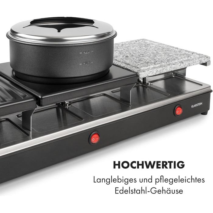 Гриль і фондю для раклету 3-в-1, 1650 Вт металевий/натуральний камінь/млинець, 3 окремі нагрівальні елементи з нержавіючої сталі, до 12 осіб, антипригарне покриття, чорний