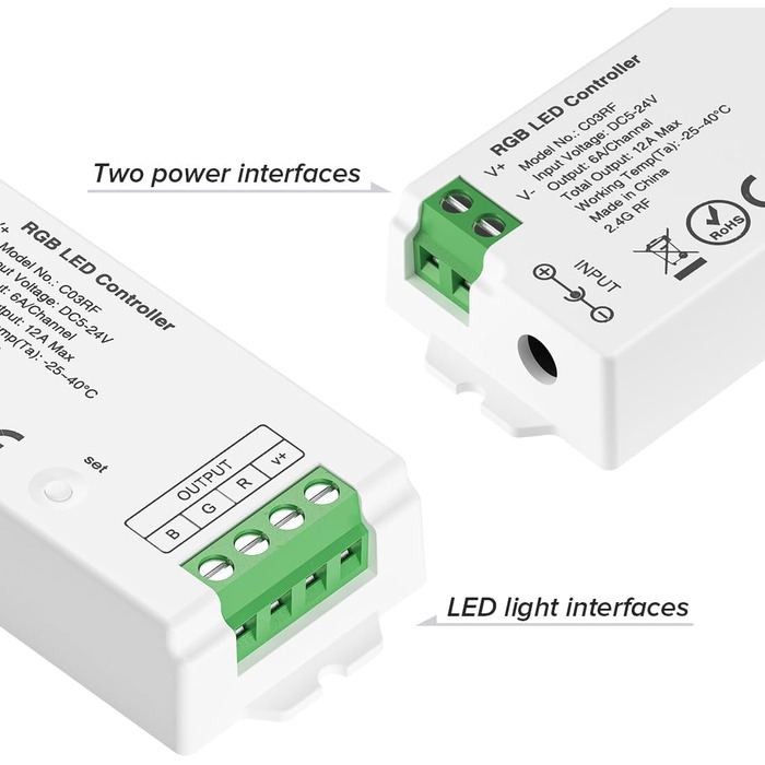 РАДІОЧАСТОТНИЙ ПУЛЬТ ДИСТАНЦІЙНОГО КЕРУВАННЯ RC02RFB&C02RF Комплект контролера 4-зонний радіочастотний 2.4 ГГц бездротовий пульт дистанційного керування Групове керування для 3-контактної світлодіодної стрічки CCT (V, CW) DC5V, DC12V, DC24V (для RGB, пуль