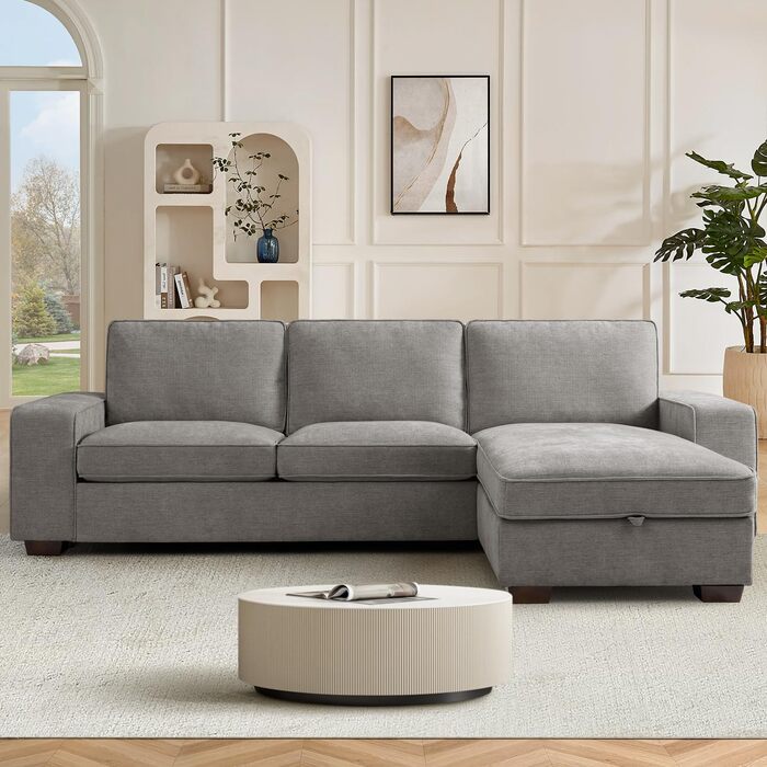 Розкладний секційний диван 250 см з шезлонгом, сучасний L-подібний двосторонній дизайн, зручна тканина шеніл, знімні чохли для подушок, порти USB Type-C, вітальня (світло-сірий), світло-сірий 3-місний L-подібний диван