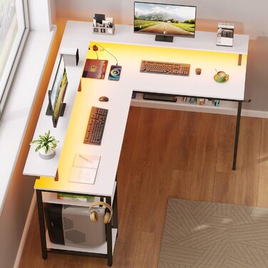 Г-подібний ігровий стіл Rolanstar зі світлодіодним освітленням та розетками, ігровий стіл з підставкою для монітора та місцем для зберігання, кутовий стіл з 2 гачками, великий двосторонній комп&39ютерний стіл для офісу (білий, 137 x 108 см) Білий 137 x 10