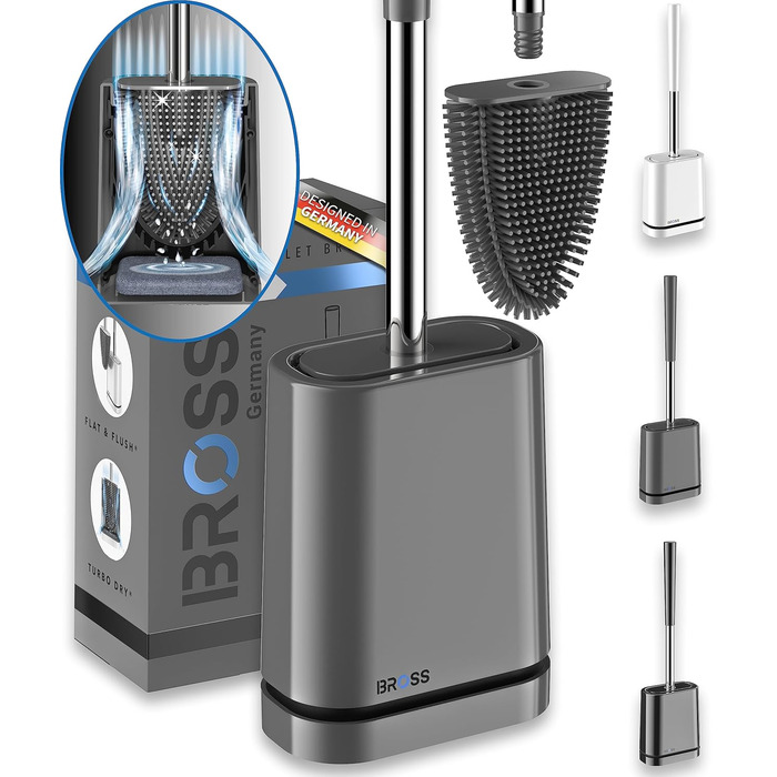 Щітка для унітазу BROSS силіконова - Запатентована щітка для унітазу - Щітка для унітазу сіра - Щітка для унітазу та тримач для ун